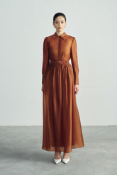 Long-Sleeve Belted Shirt Dress with Structured Cuffs and Gathered Full-Length Skirt